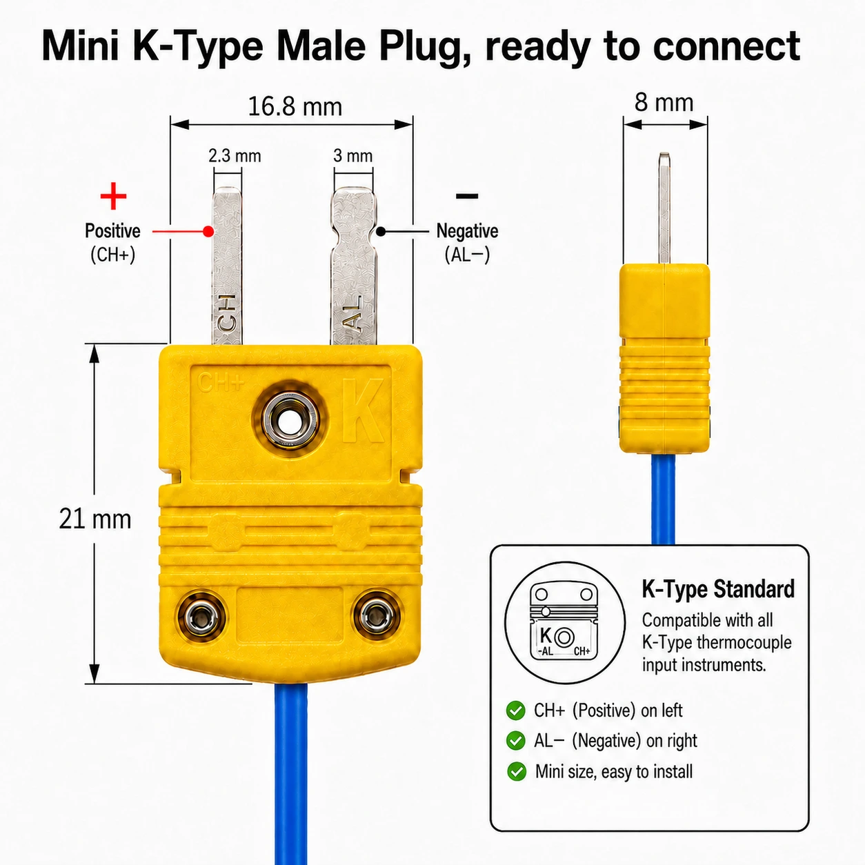 Mini K型插头尺寸与极性说明图